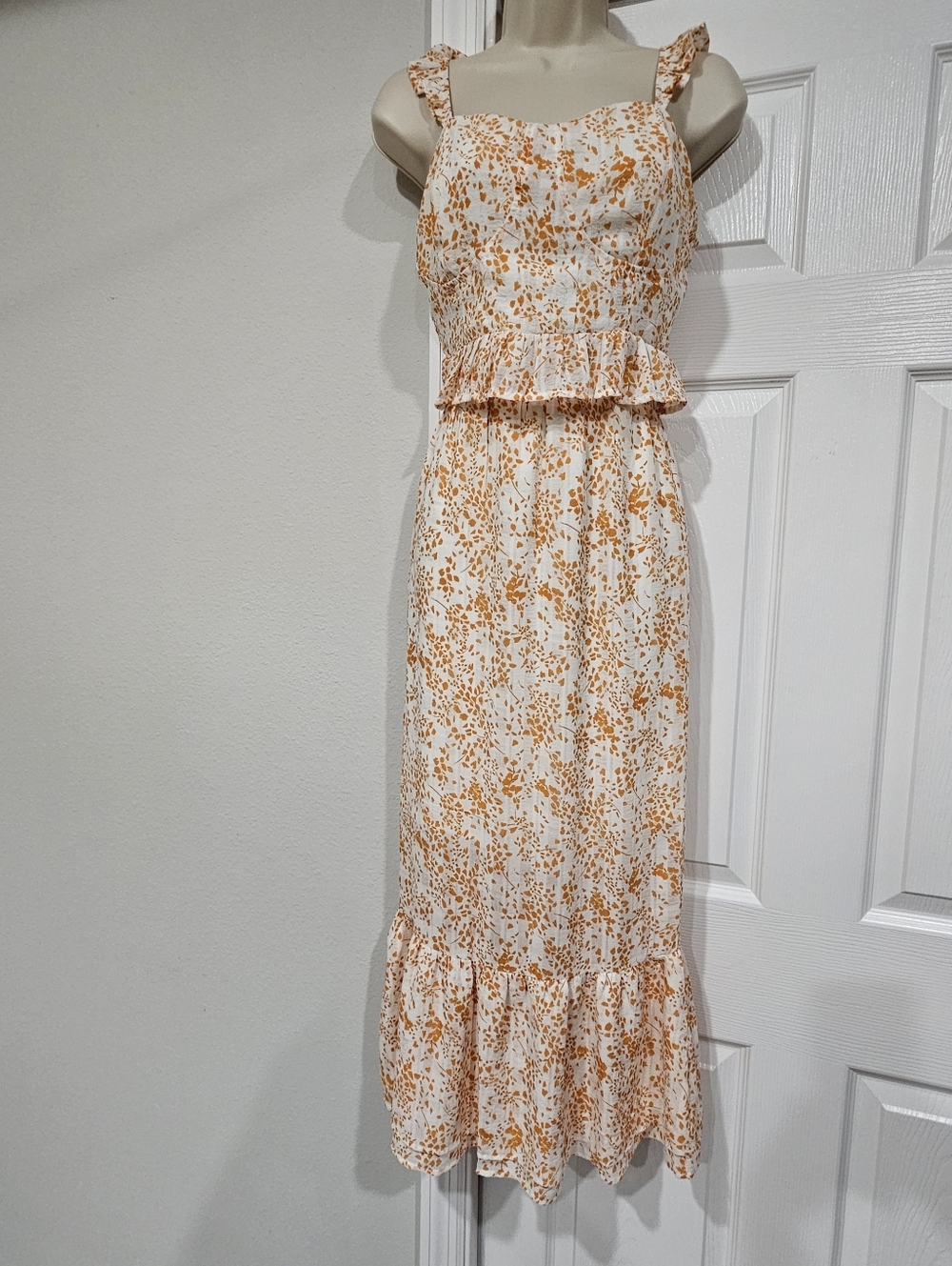 Women's White and Orange Floral Ruffle Midi 2-PIECES SET